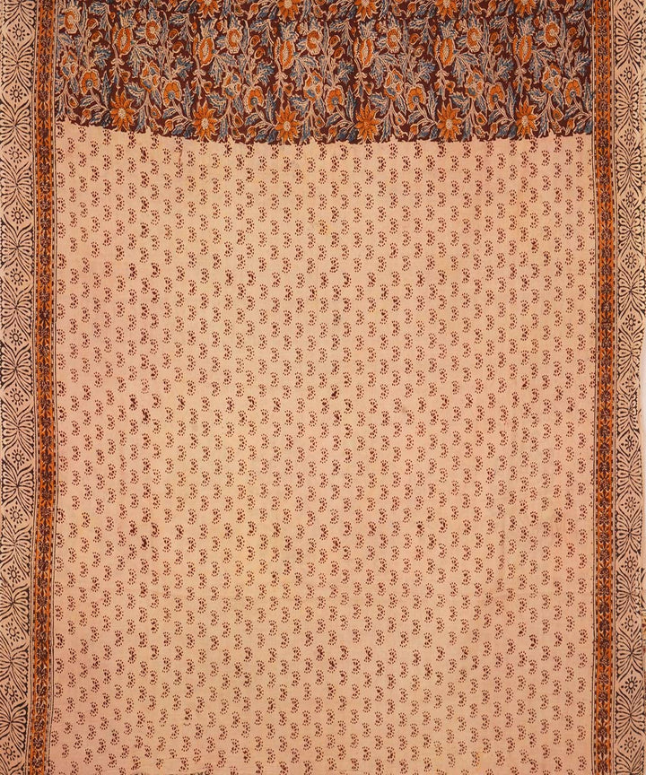 Beige white peacock motif cotton handblock printed kalamkari saree