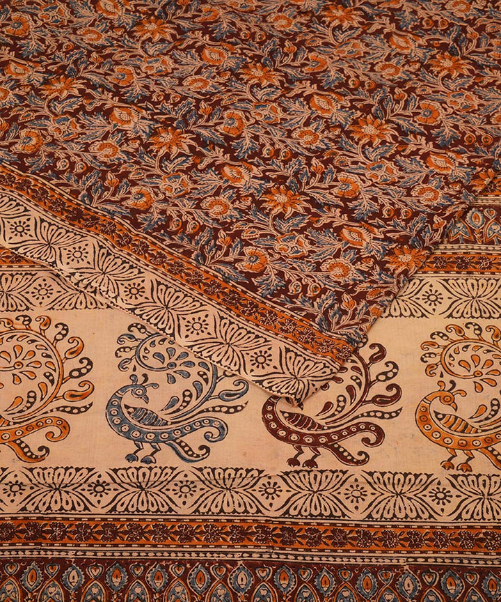 Beige white peacock motif cotton handblock printed kalamkari saree