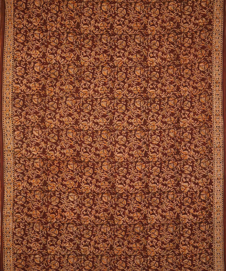 Brown beige cotton hand block printed kalamkari saree