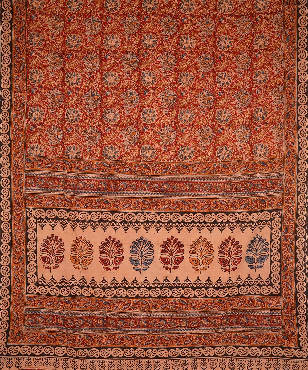 Red brown cotton handblock printed kalamkari saree
