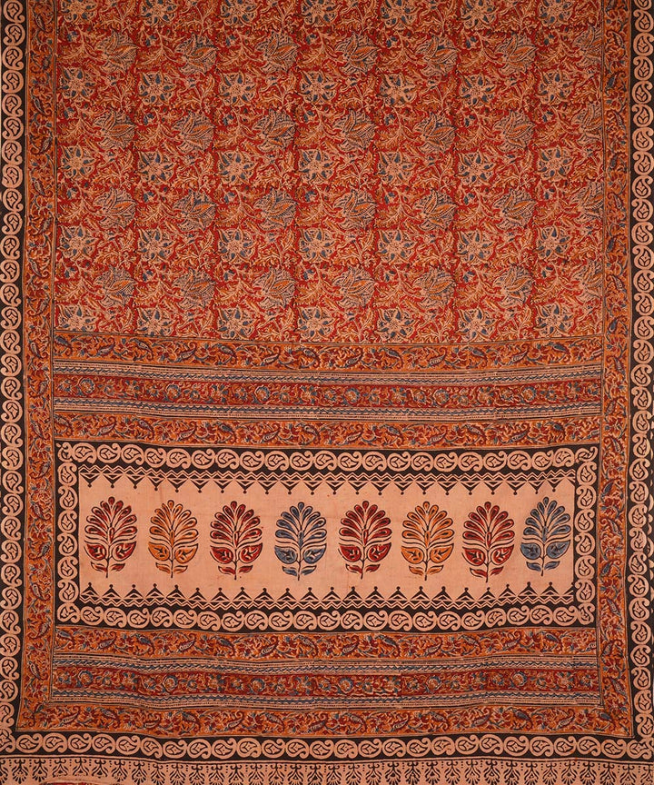 Red brown cotton handblock printed kalamkari saree