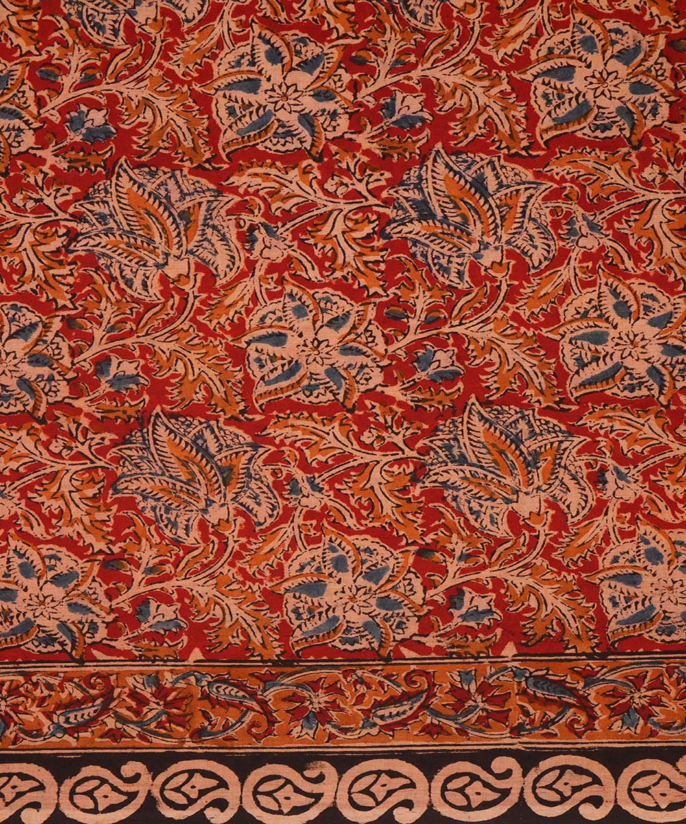 Red brown cotton handblock printed kalamkari saree