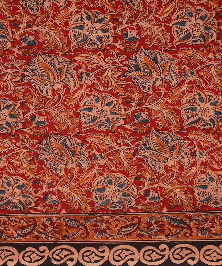 Red brown cotton handblock printed kalamkari saree