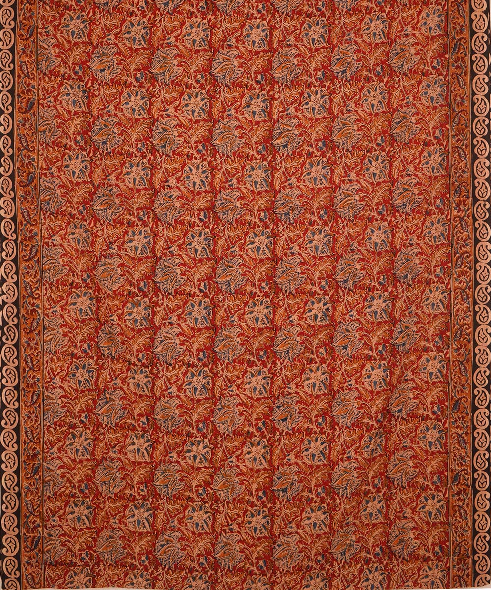Red brown cotton handblock printed kalamkari saree