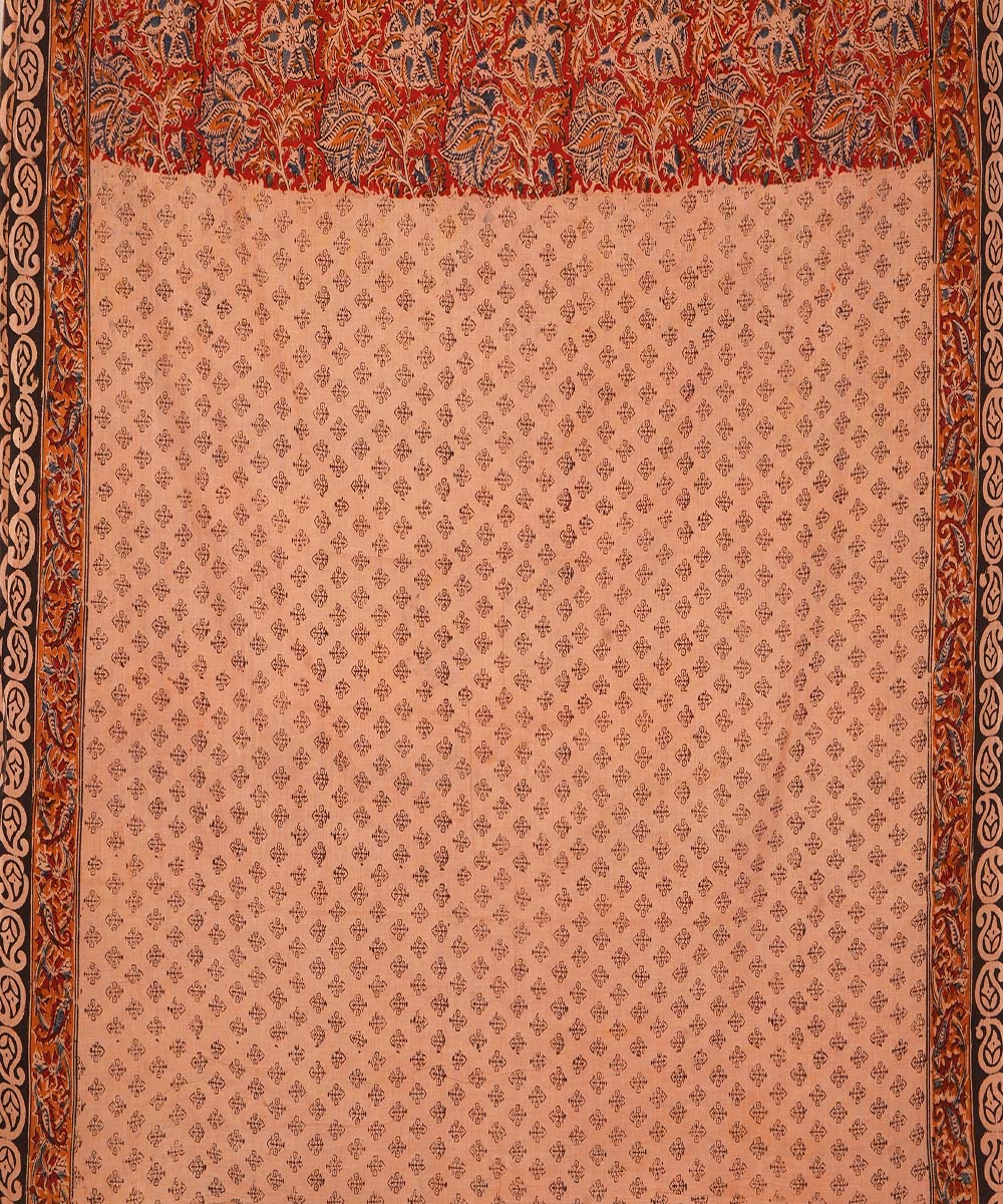 Red brown cotton handblock printed kalamkari saree