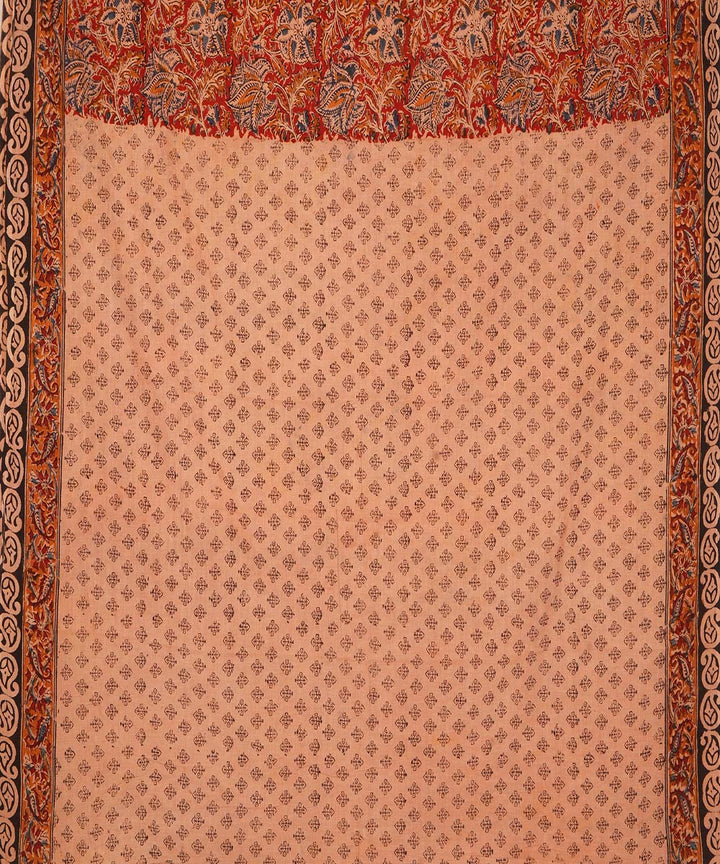 Red brown cotton handblock printed kalamkari saree
