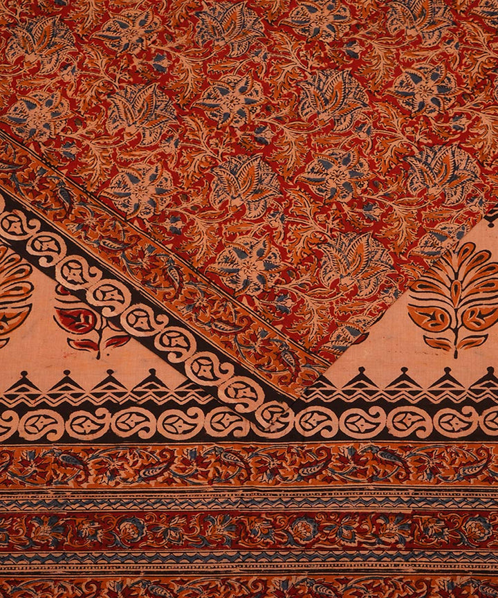 Red brown cotton handblock printed kalamkari saree