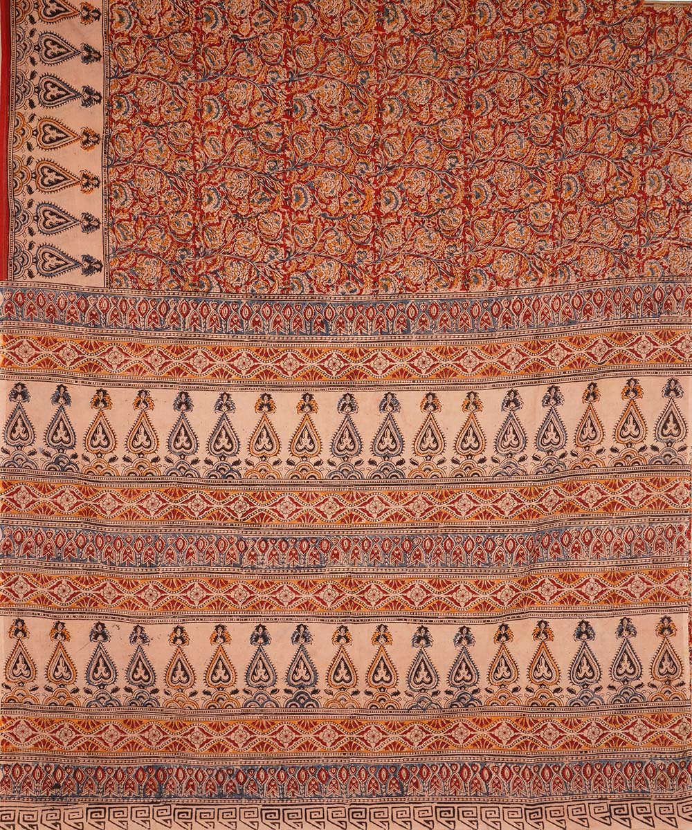 Bright red beige cotton handblock printed kalamkari saree