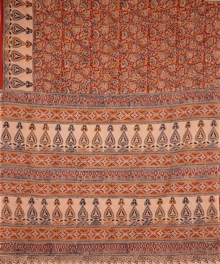 Bright red beige cotton handblock printed kalamkari saree