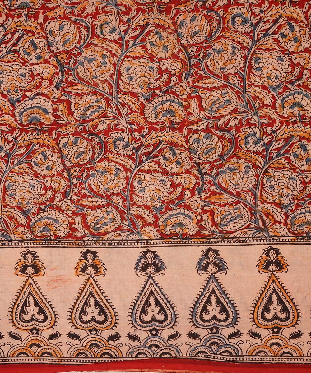 Bright red beige cotton handblock printed kalamkari saree