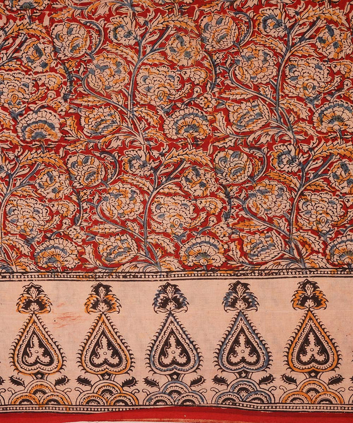 Bright red beige cotton handblock printed kalamkari saree