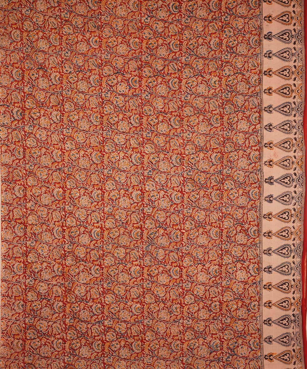 Bright red beige cotton handblock printed kalamkari saree