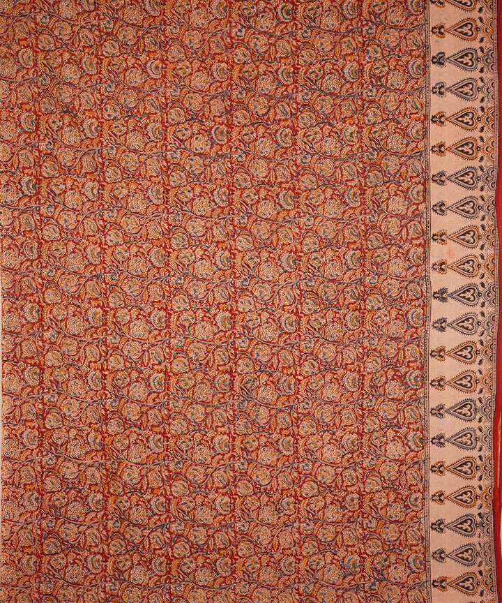 Bright red beige cotton handblock printed kalamkari saree