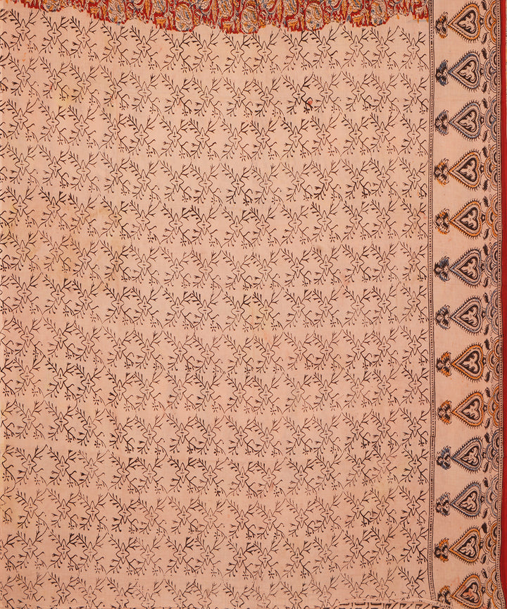 Bright red beige cotton handblock printed kalamkari saree