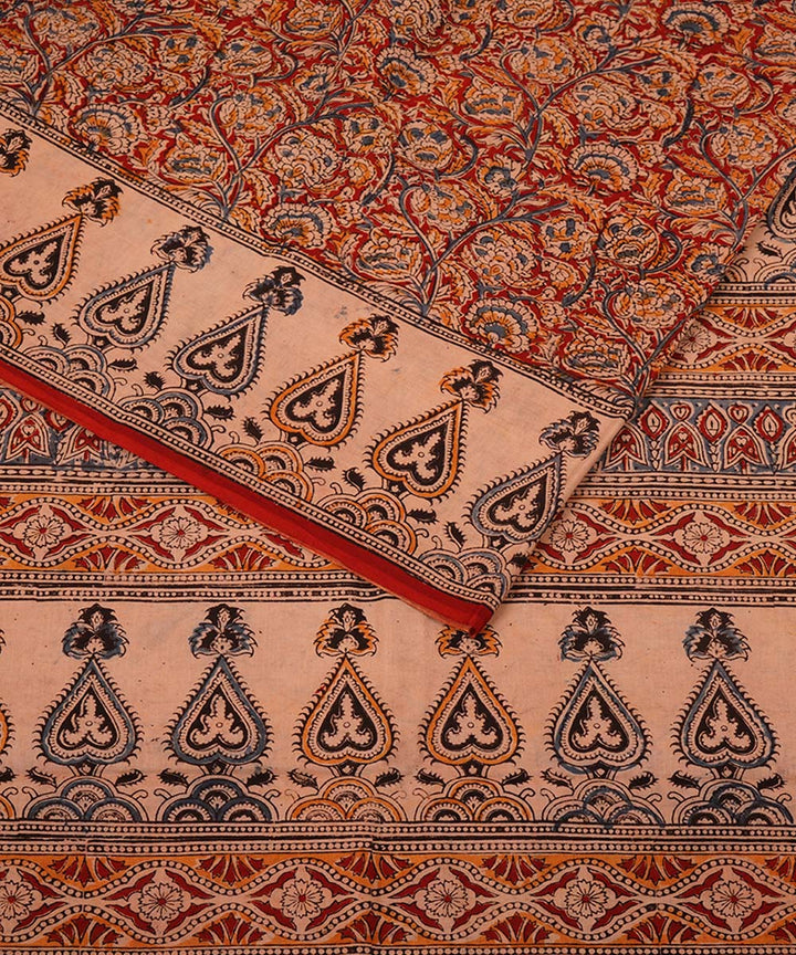 Bright red beige cotton handblock printed kalamkari saree