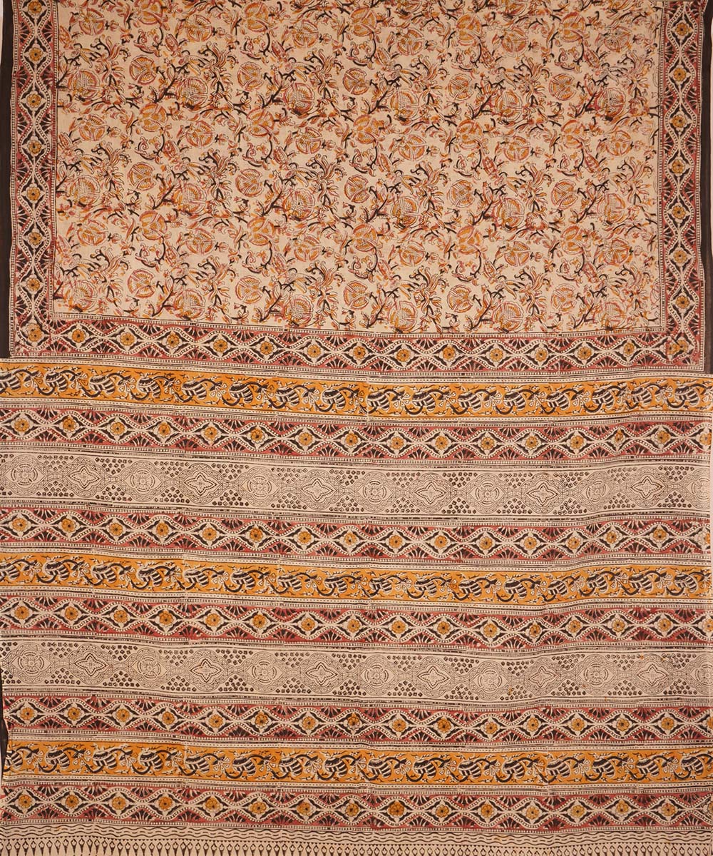 Beige yellow cotton handblock printed kalamkari saree