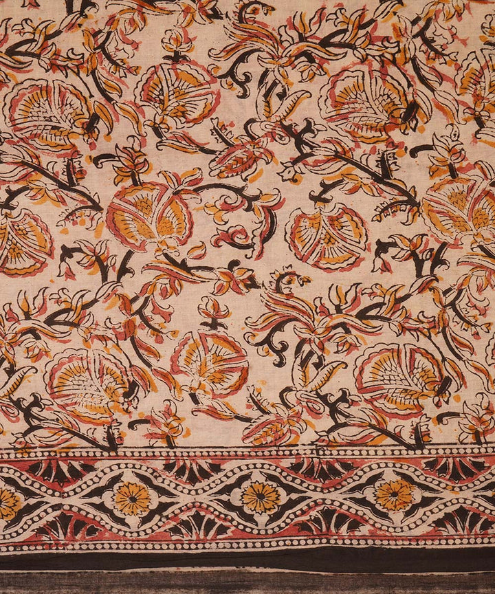 Beige yellow cotton handblock printed kalamkari saree