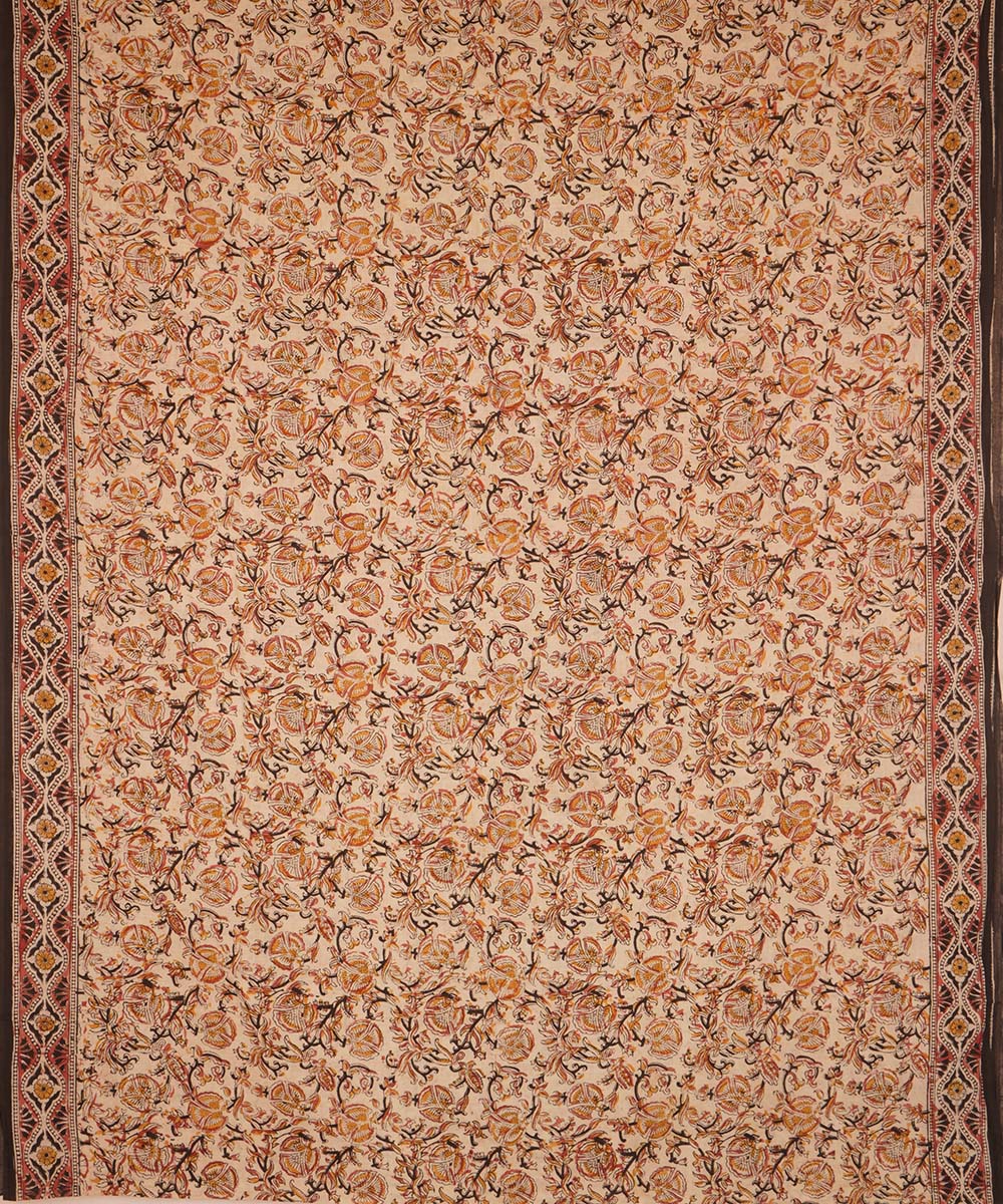 Beige yellow cotton handblock printed kalamkari saree