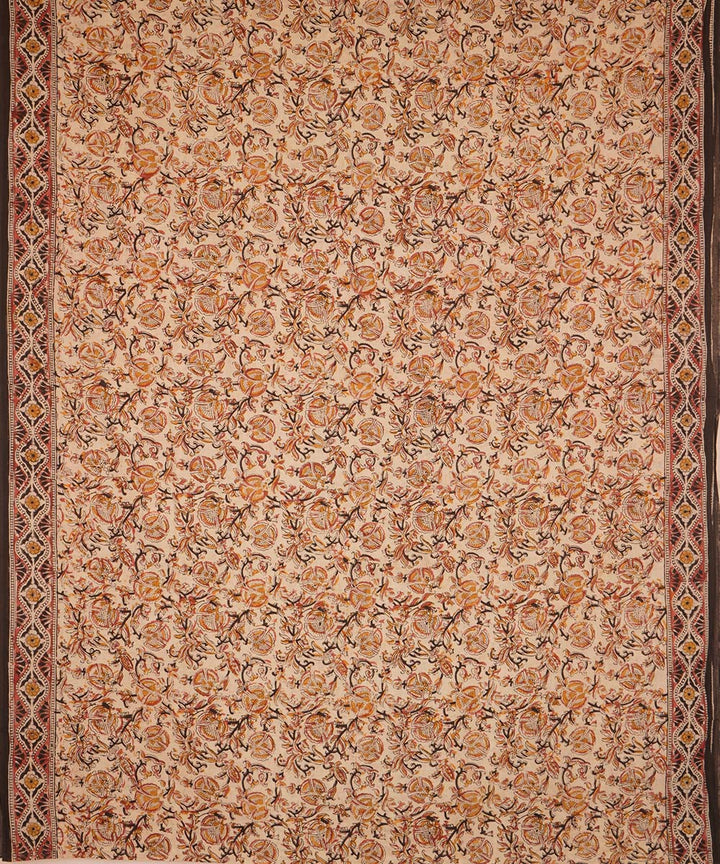 Beige yellow cotton handblock printed kalamkari saree