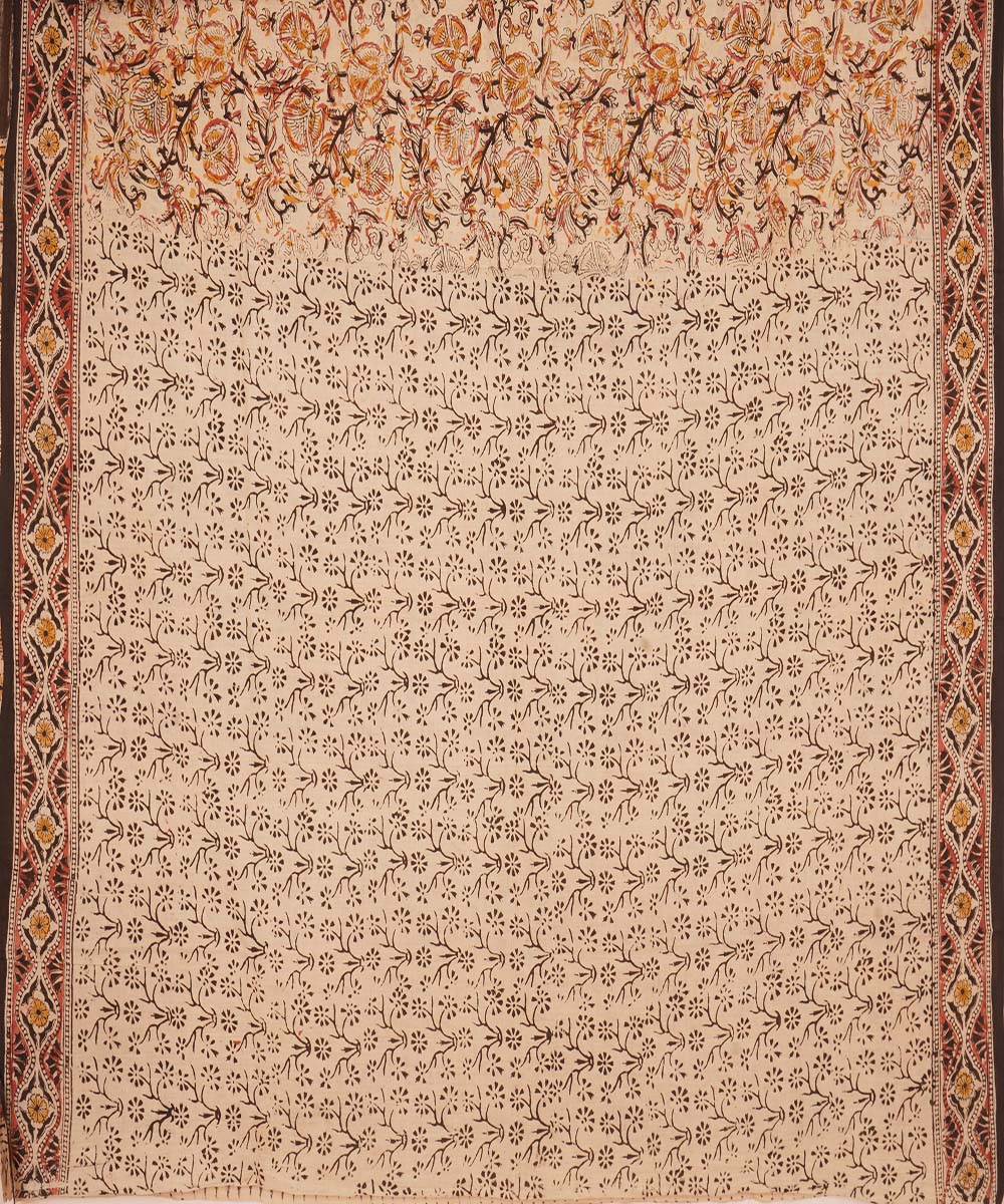 Beige yellow cotton handblock printed kalamkari saree
