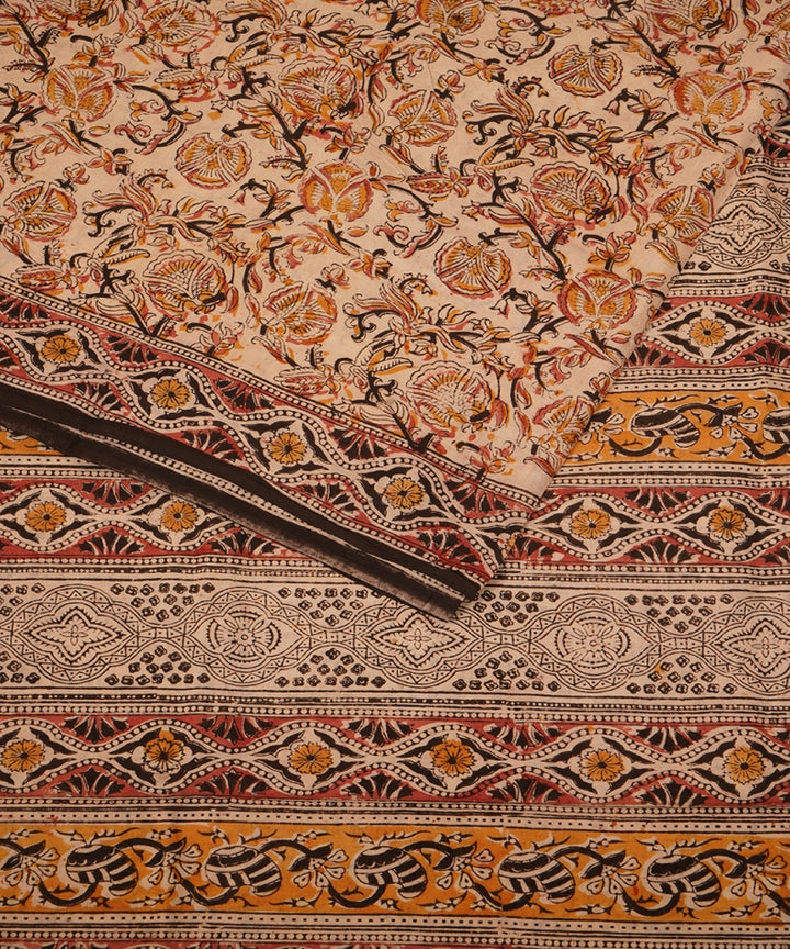 Beige yellow cotton handblock printed kalamkari saree