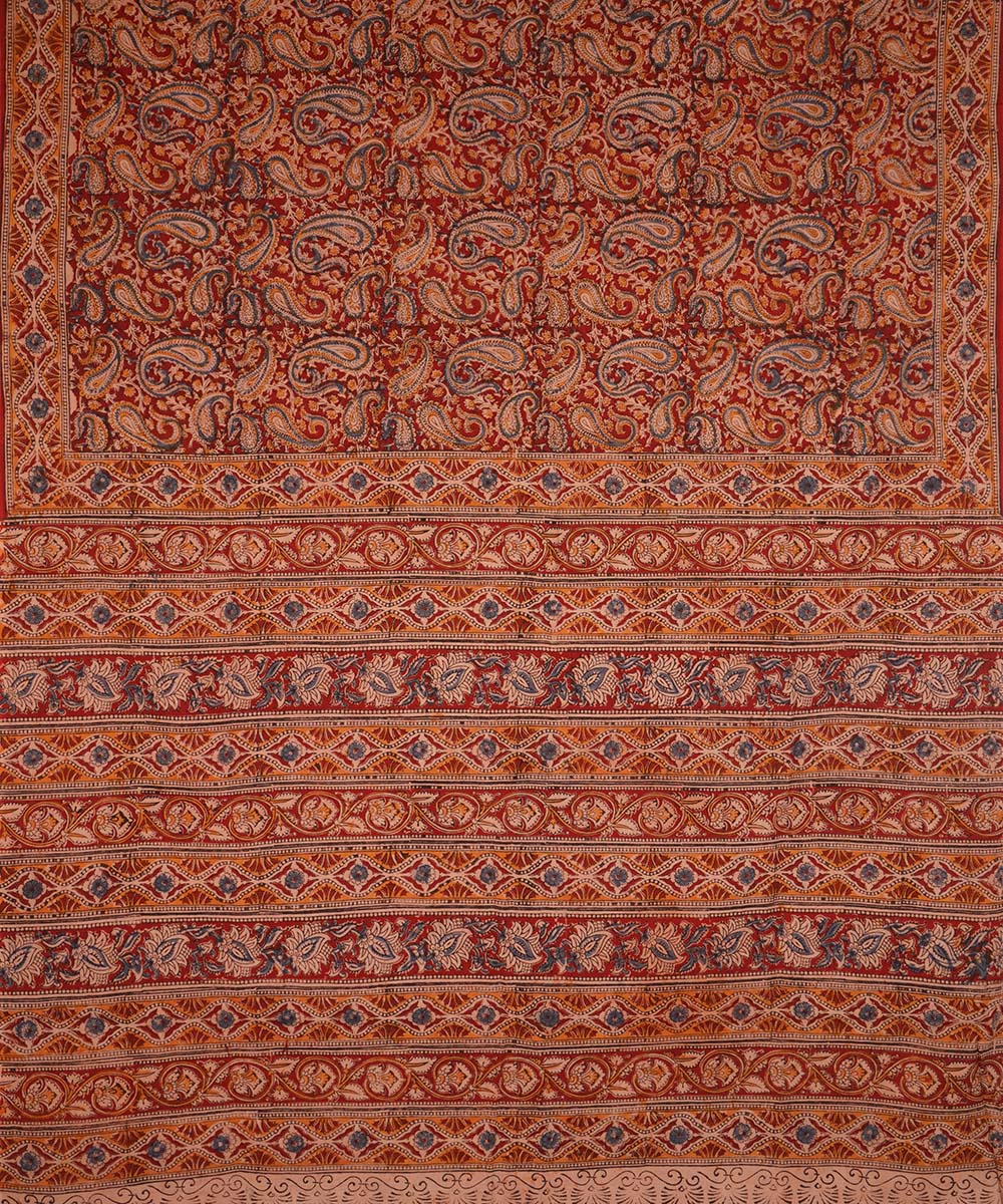 Red maroon cotton handblock printed kalamkari saree