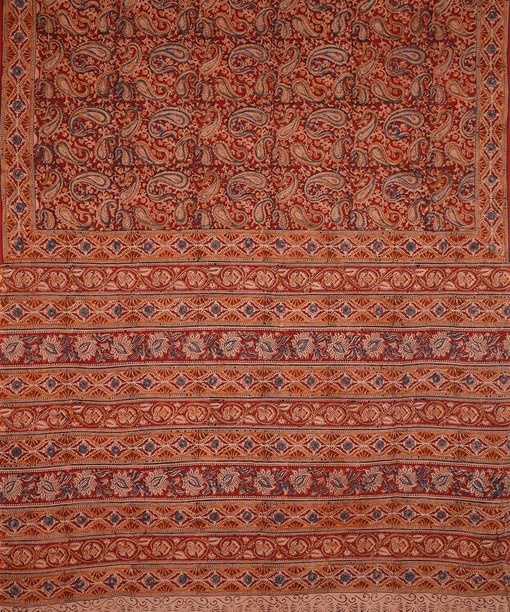 Red maroon cotton handblock printed kalamkari saree