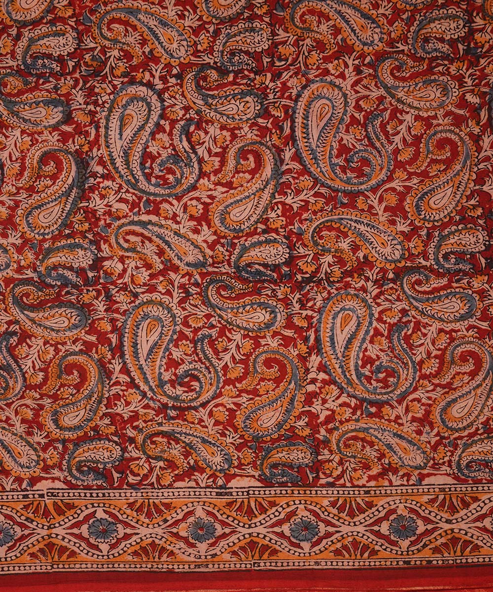 Red maroon cotton handblock printed kalamkari saree