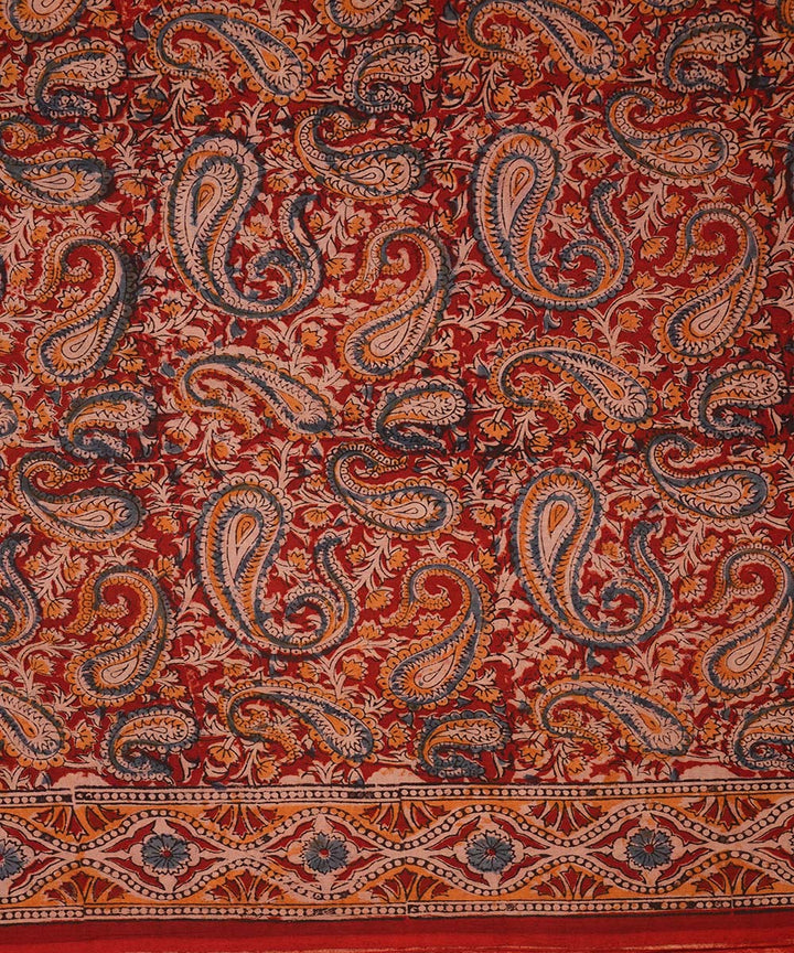 Red maroon cotton handblock printed kalamkari saree