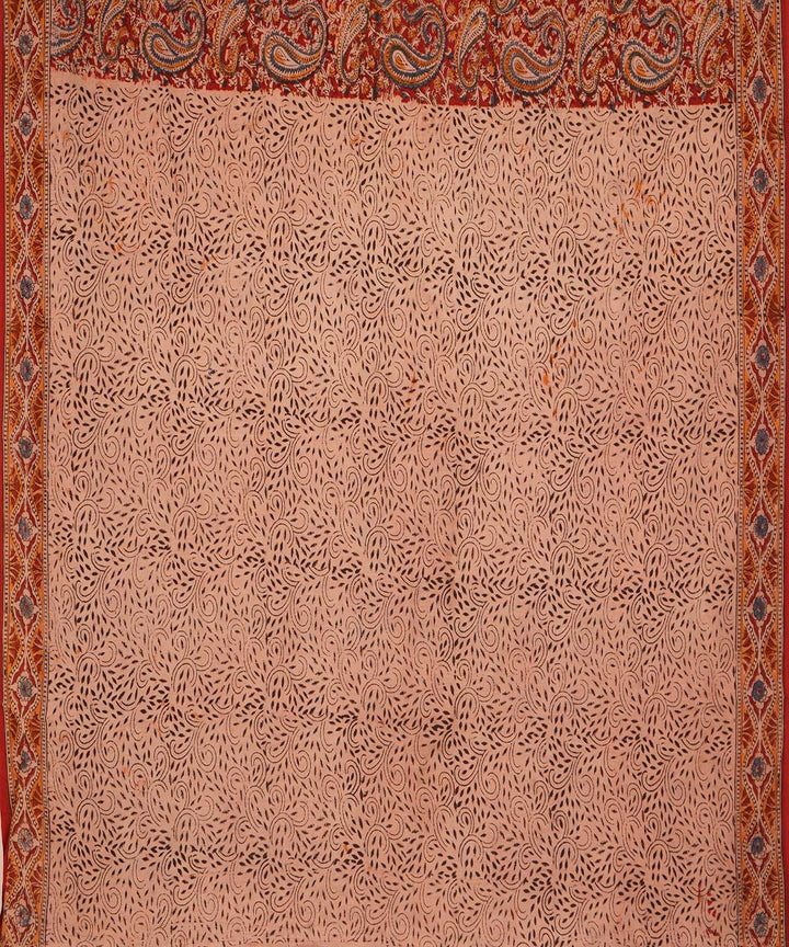 Red maroon cotton handblock printed kalamkari saree