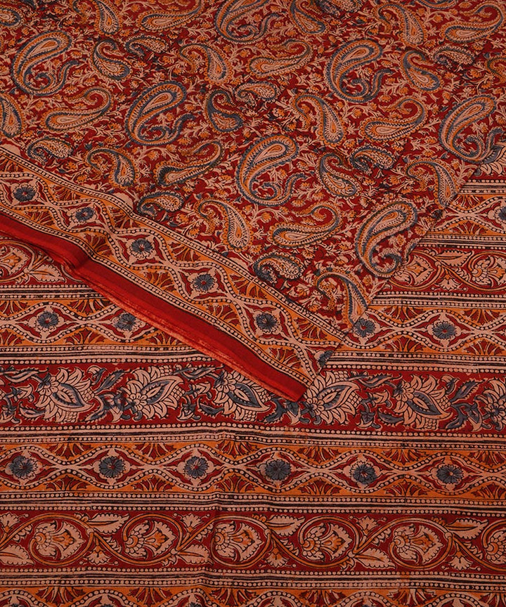Red maroon cotton handblock printed kalamkari saree