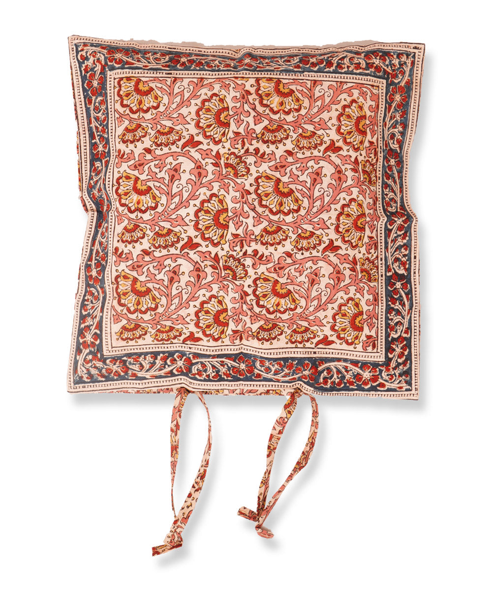 White pink cotton hand block print kalamkari cushion cover