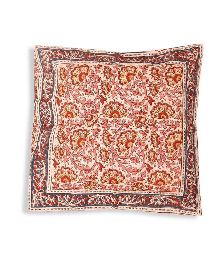 White pink cotton hand block print kalamkari cushion cover