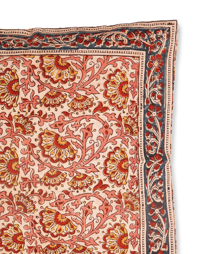 White pink cotton hand block print kalamkari cushion cover
