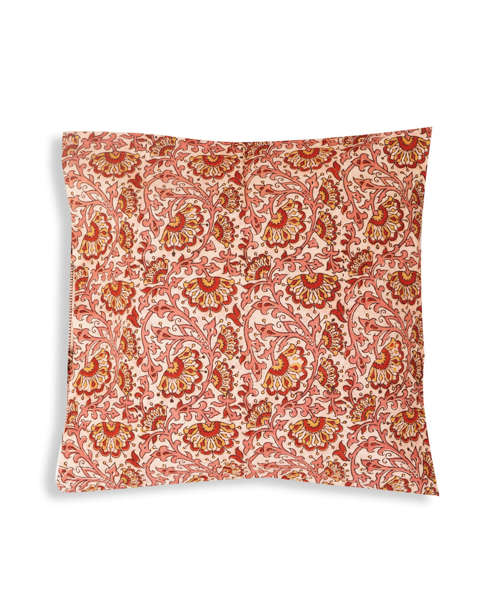 White pink cotton hand block print kalamkari cushion cover