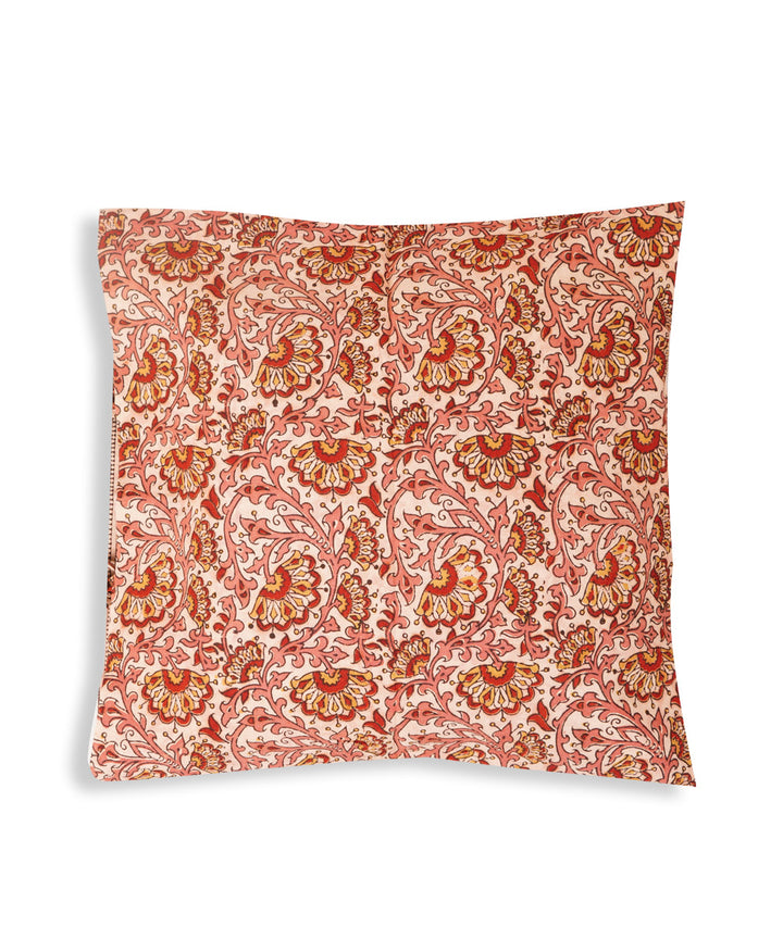 White pink cotton hand block print kalamkari cushion cover