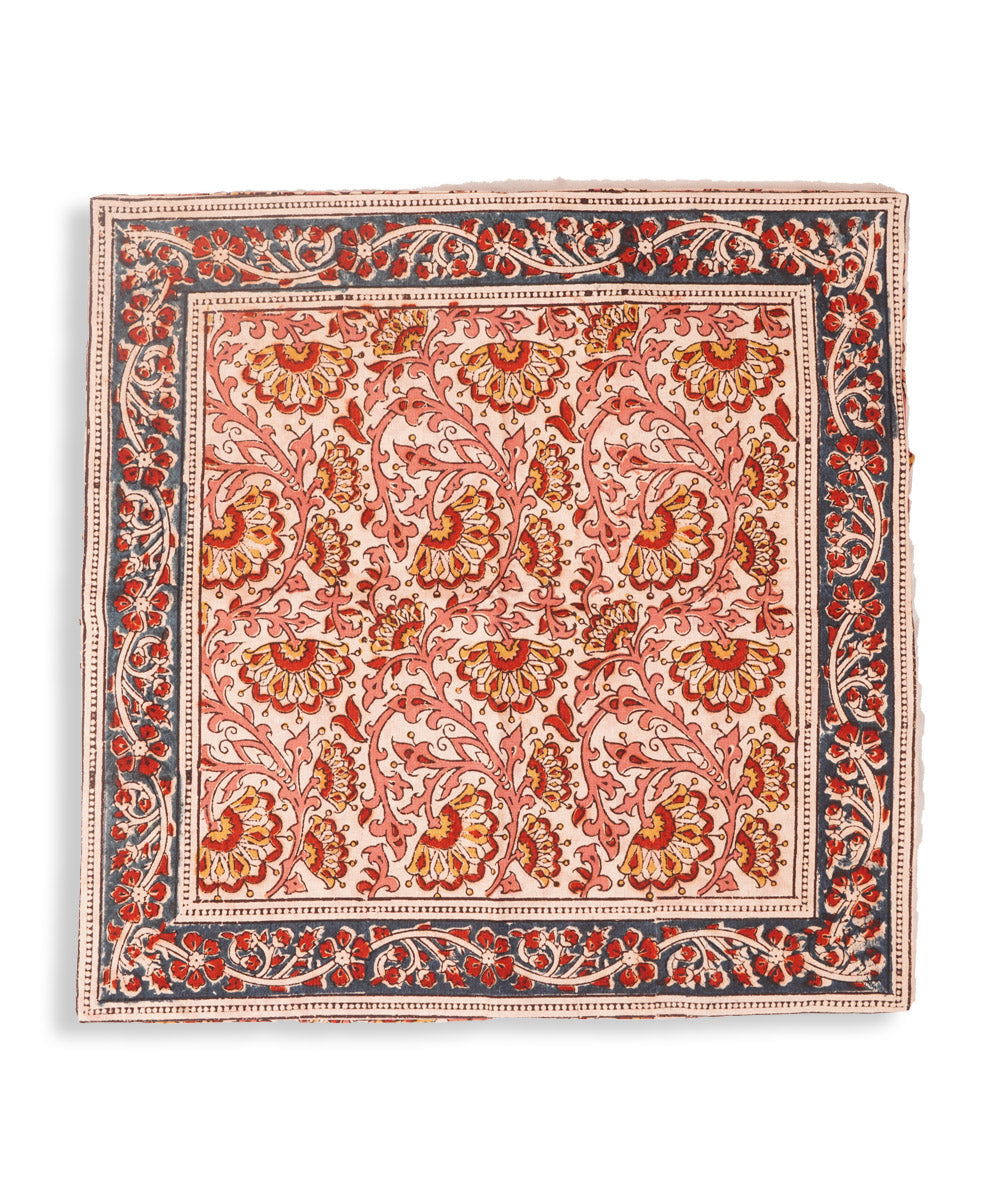 White pink cotton hand block print kalamkari cushion cover