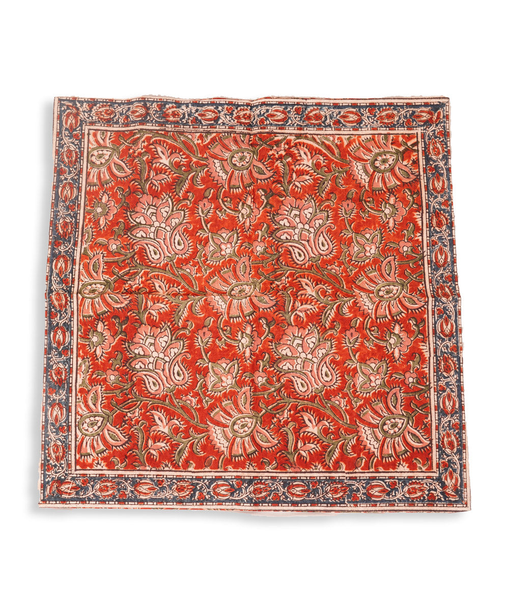 Orange multicolor cotton hand block print kalamkari cushion cover