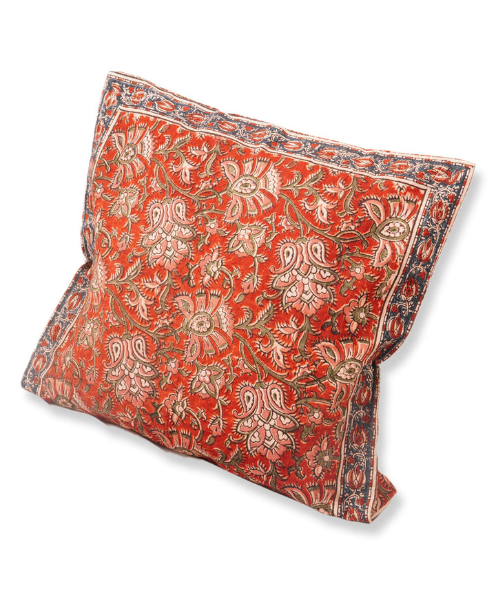 Orange multicolor cotton hand block print kalamkari cushion cover