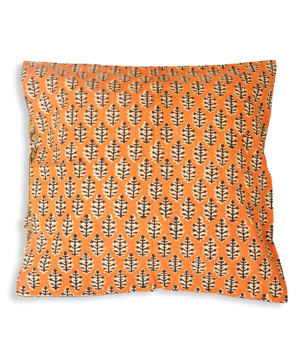Orange black cotton hand block print kalamkari cushion cover