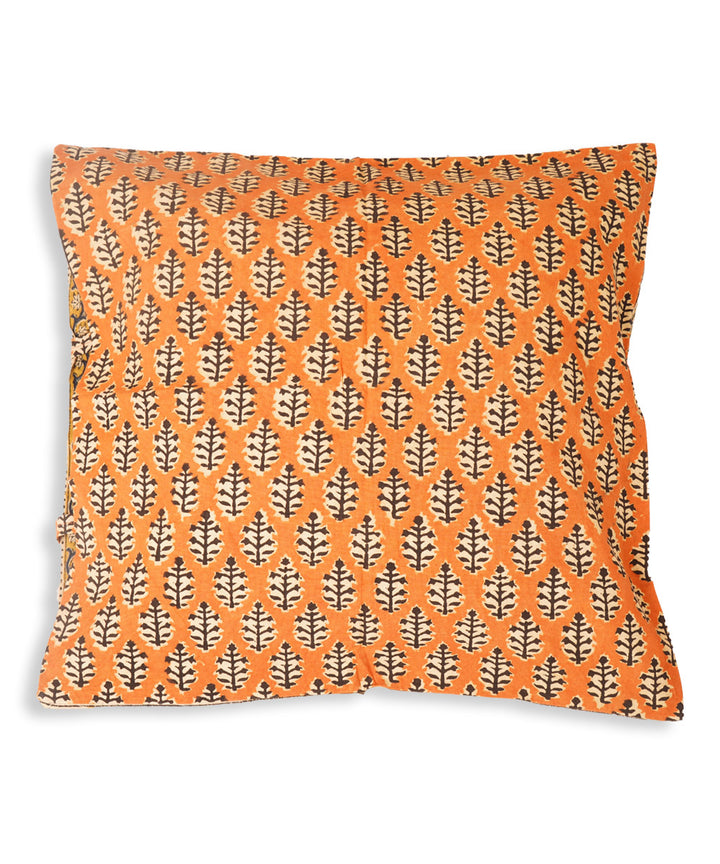 Orange black cotton hand block print kalamkari cushion cover