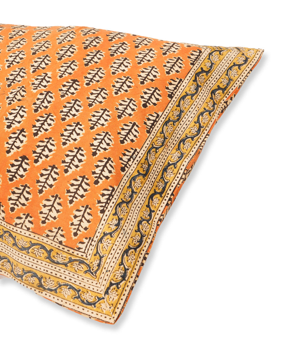 Orange black cotton hand block print kalamkari cushion cover