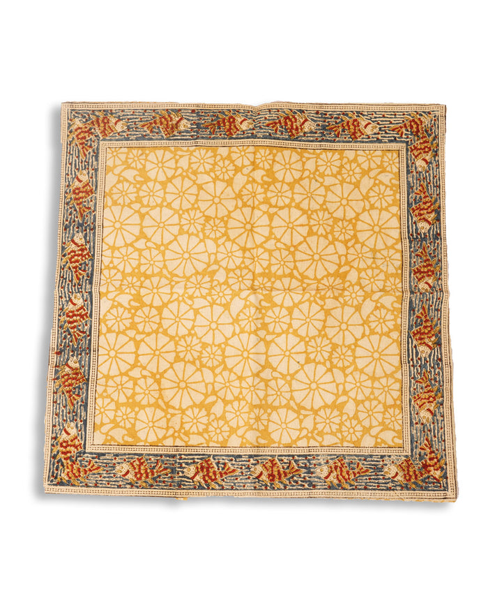 Cream yellow cotton hand block print kalamkari cushion cover