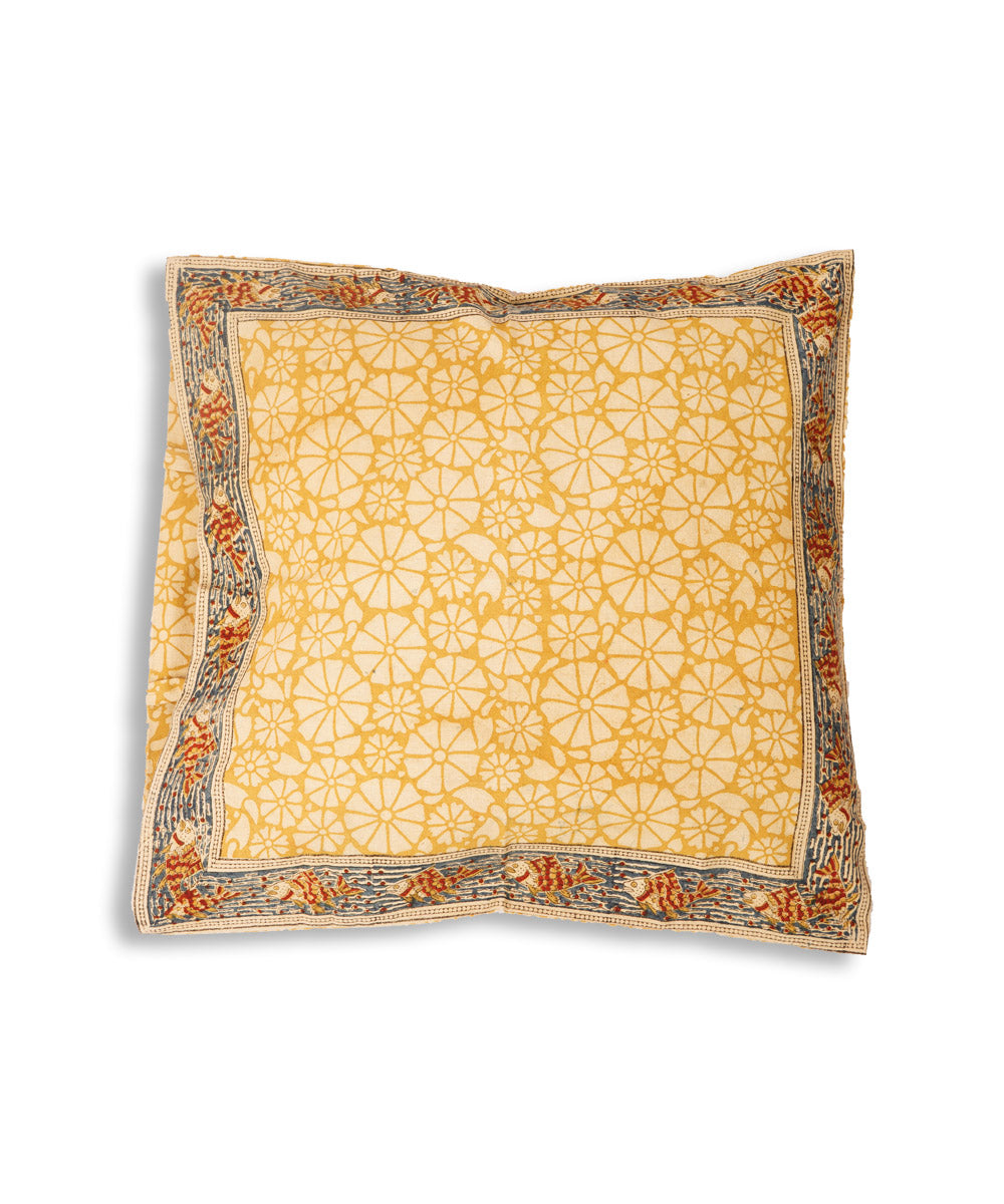 Cream yellow cotton hand block print kalamkari cushion cover