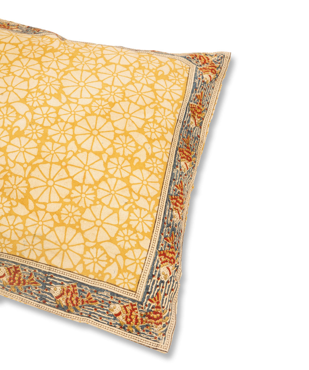 Cream yellow cotton hand block print kalamkari cushion cover