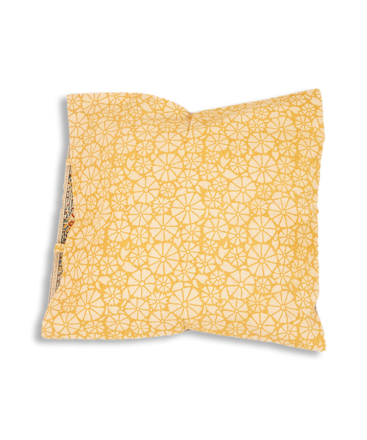 Cream yellow cotton hand block print kalamkari cushion cover