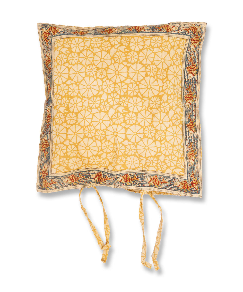 Cream yellow cotton hand block print kalamkari cushion cover