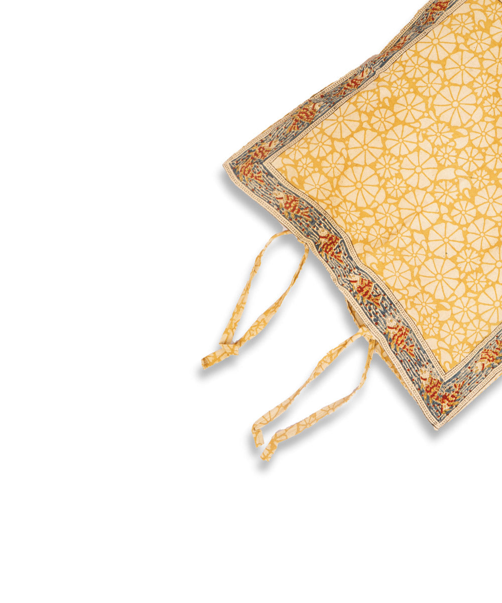 Cream yellow cotton hand block print kalamkari cushion cover