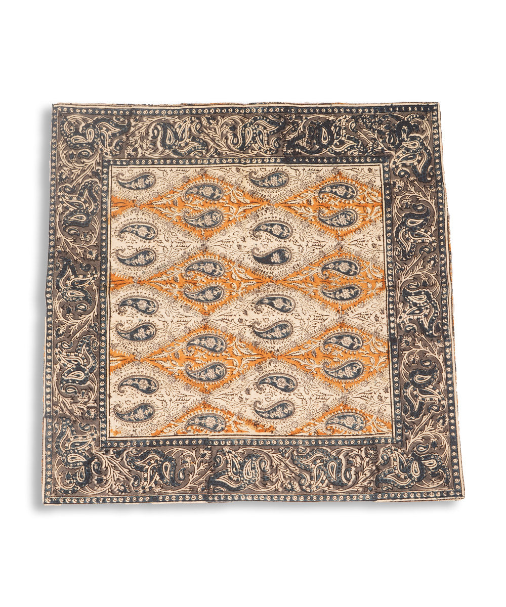 White yellow blue hand block print cotton kalamkari cushion cover