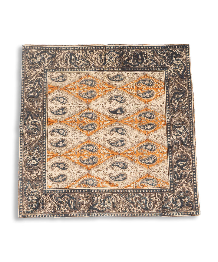 White yellow blue hand block print cotton kalamkari cushion cover